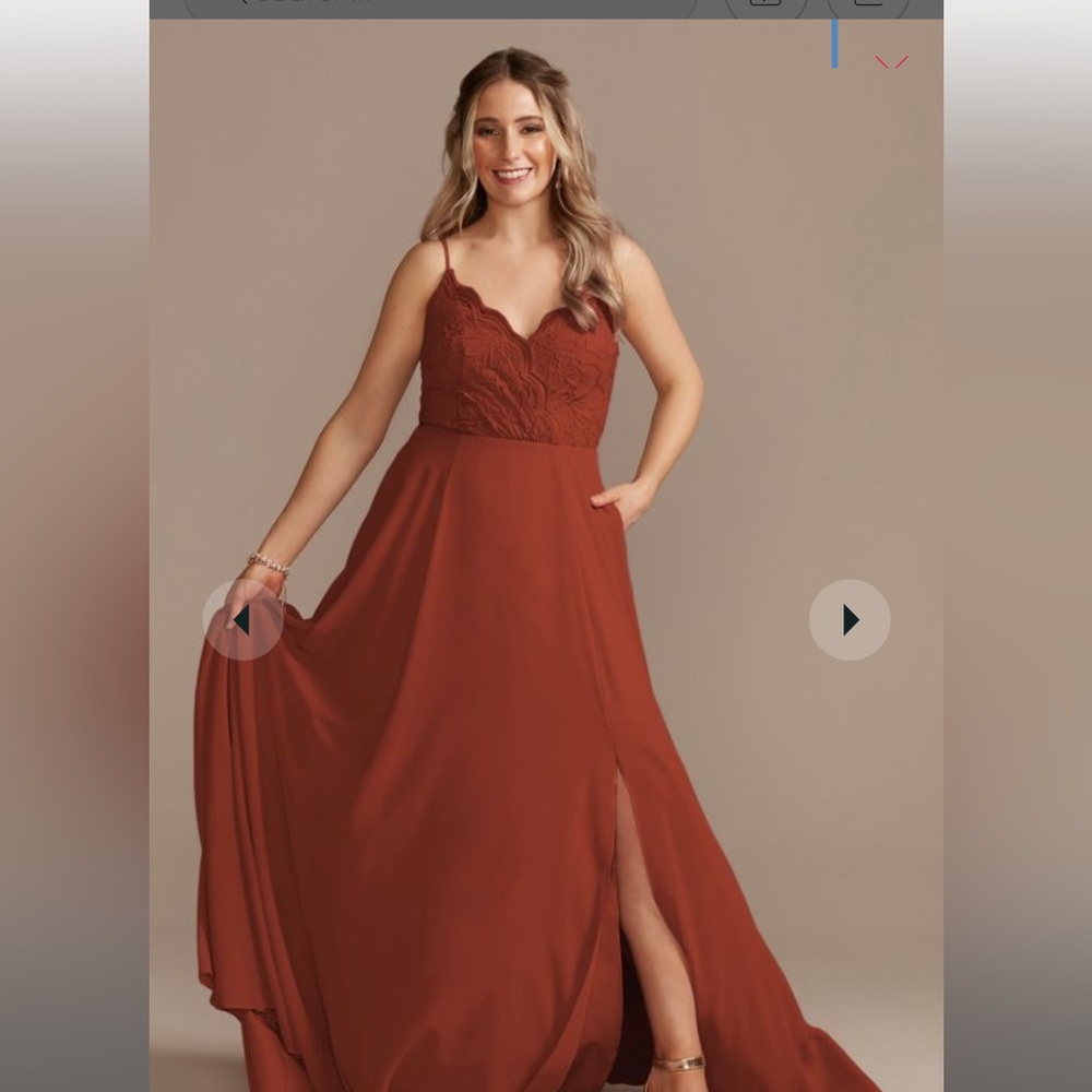 lace chiffon spaghetti strap long bridesmaid dress in Cinnamon by David’s bridal